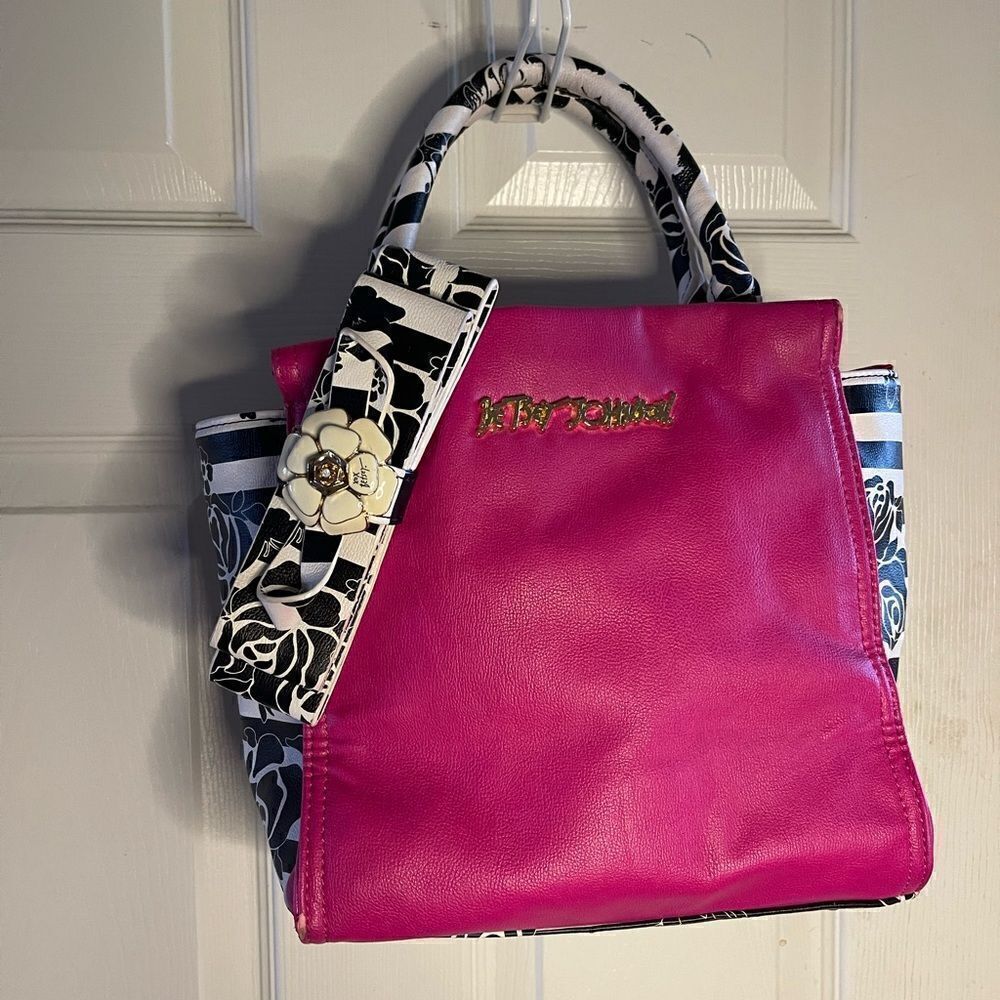 Betsey Johnson hot Pink ,black &white stripes and roses Satchel with bow accent